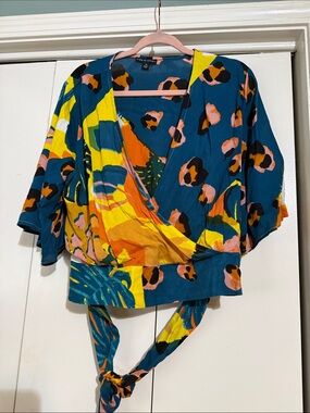 Vibrant Teal & Yellow Floral Top With Wrap